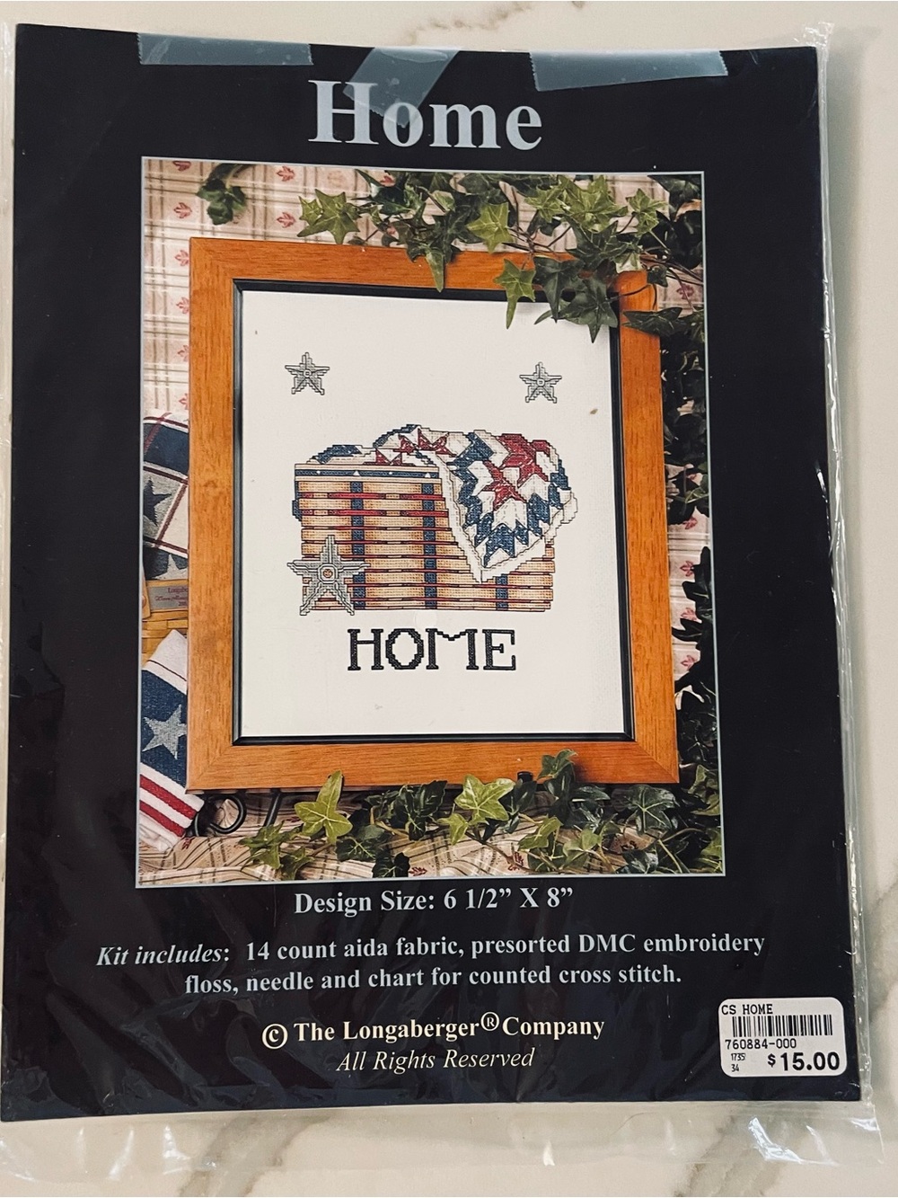 Longaberger Framed 'Home' Cross Stitch Kit - Brown, Red, Blue, Cream 6.5x 8